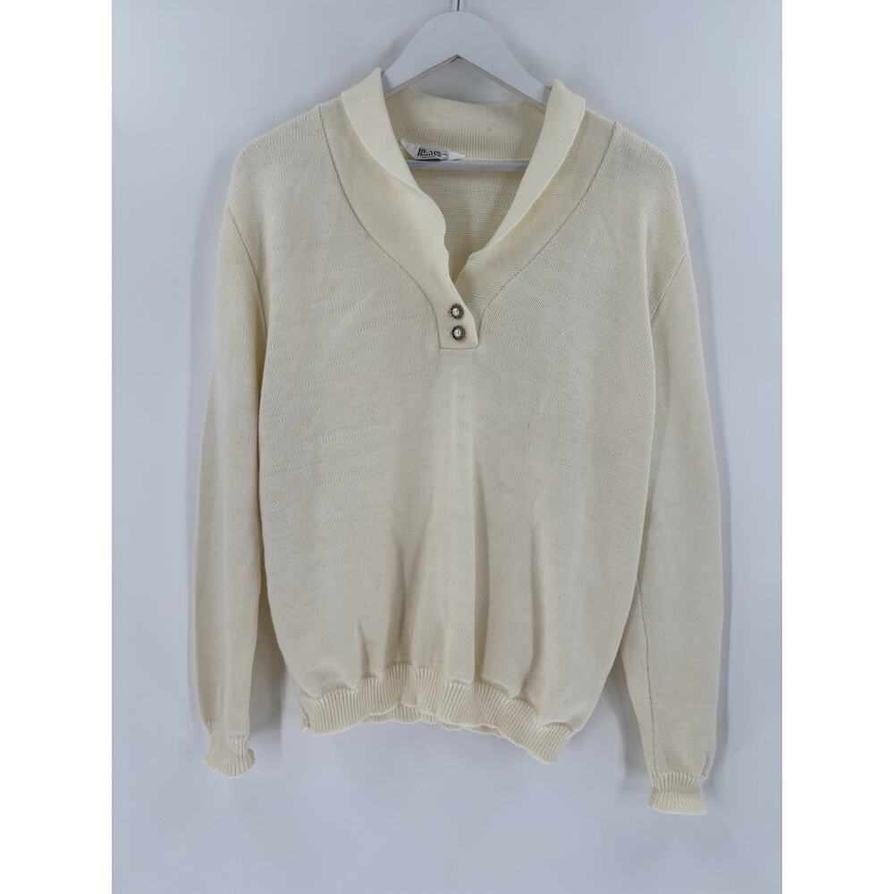 Vintage Blair Boutique Sweater Womens Medium Ivory Collared Pearl Buttons Knit